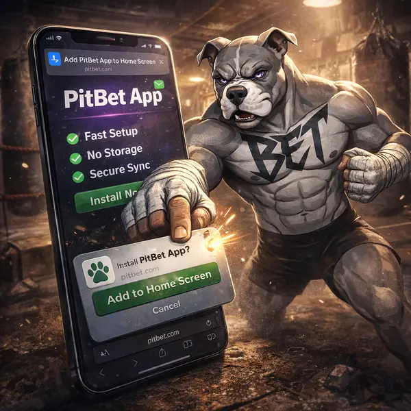 At the gritty boxing gym, the PitBet App glows on a smartphone as the pitbull interacts.