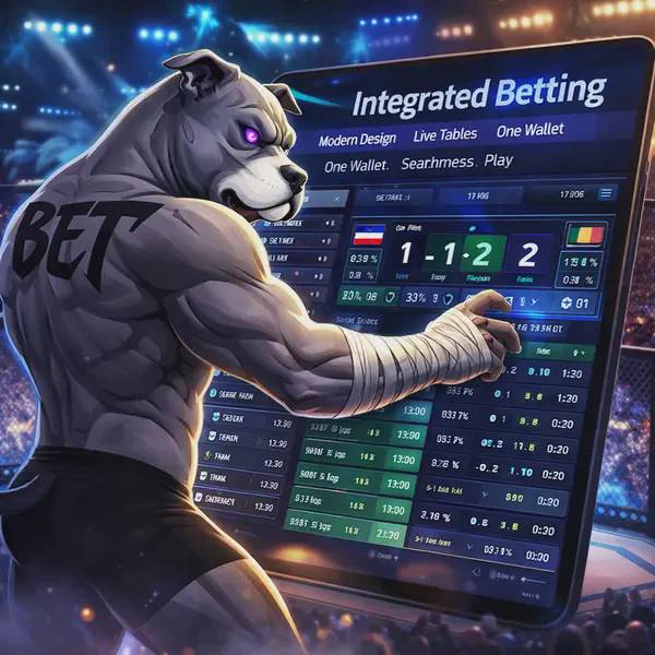 At PitBet, BET Dog ventures through live sportsbook, swiping data on an interactive display.
