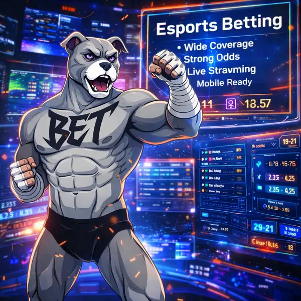 BET Dog commands the virtual arena at PitBet with esports stats swirling around in high-tech neon.