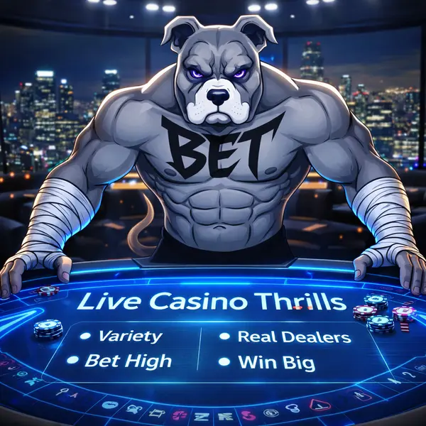 BET Dog locked in a thrilling stare at holographic table in PitBet Live Casino penthouse.