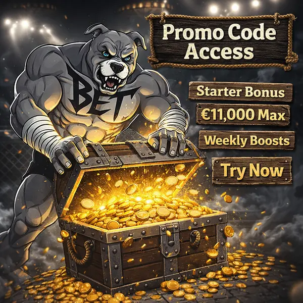 BET Dog triumphantly reveals promo code gold at PitBet Casino.