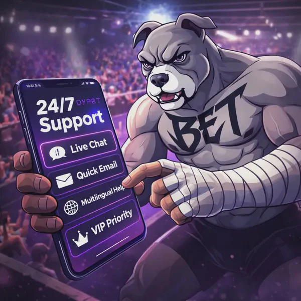 BET Dog confidently offering 24/7 support at the Customer Support pit, interacting with chat screen.
