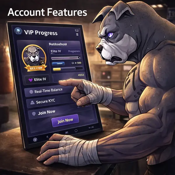 BET Dog leans forward in focus, navigating VIP login at PitBet tablet.