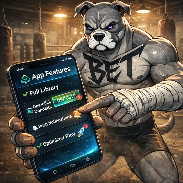 BET Dog exploring the PitBet app in a lively gym, highlighting mobile app features.
