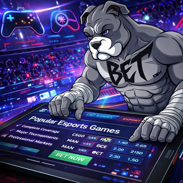 BET Dog strategizes at PitBet with esports odds on a vibrant tablet in the digital arena.