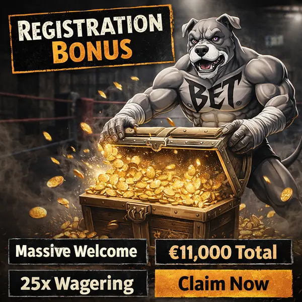 BET Dog claiming massive bonus at PitBet signup, amid a golden cascade of registration rewards.