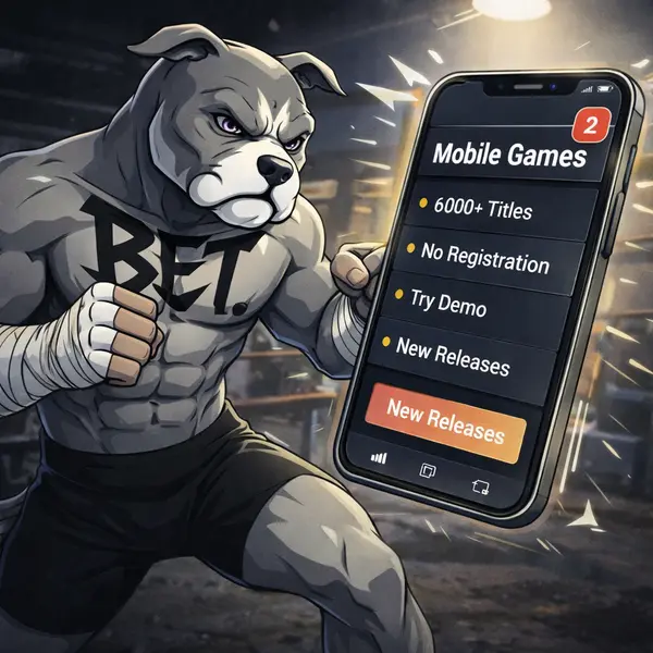 BET Dog ready for action as new games flash on PitBet Mobile Games app screen in intense gym setting.