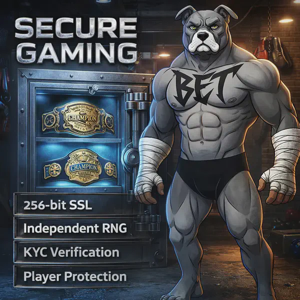 BET Dog guards the vault amid spotlight beams, showcasing secure gaming with PitBet player protection.