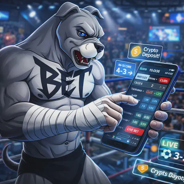 BET Dog tapping screen in gritty gym as sports betting thrills at Mobile Experience.