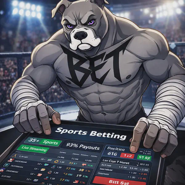 Muscular BET Dog mastering odds on a large tablet at Sports Betting scene, confidence immense.